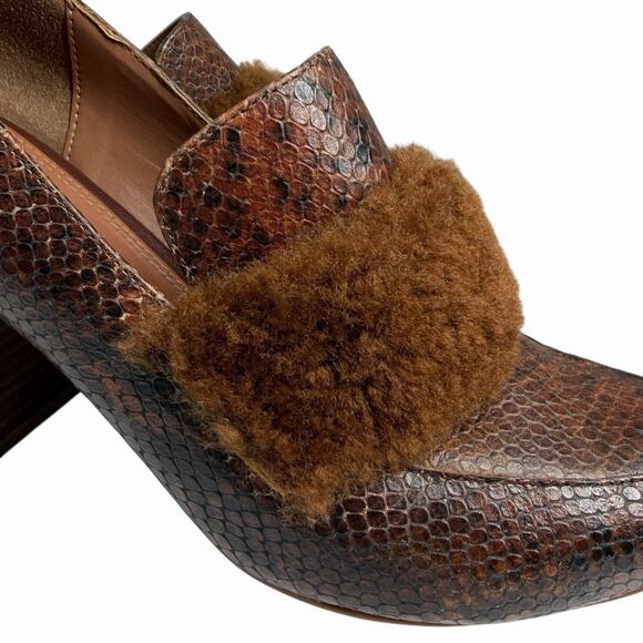 BCBGMAXAZRIA Lambo Furry Loafers Leather Heels Womens Sz 9 Brown Snakeskin - Picture 11 of 12